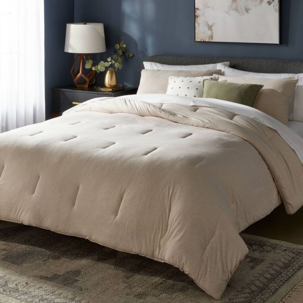 Full/Queen Jersey Comforter Set Oatmeal Charcoal Striped - Knit